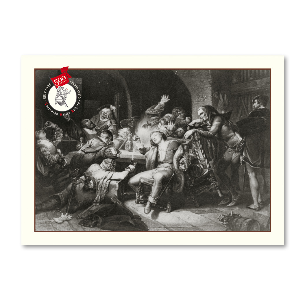 Postkarte Auerbachs Keller mit Goethe, Faust, Mephitopheles | Stahlstich von Adolph Schroedter, 1848